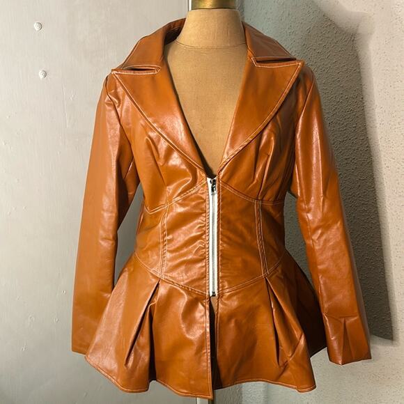 Pressed Jackets & Blazers - Pressed Brown Zip Up Peplum PU Jacket Swing Coat XL Boho Indie Rocker Glam Retro